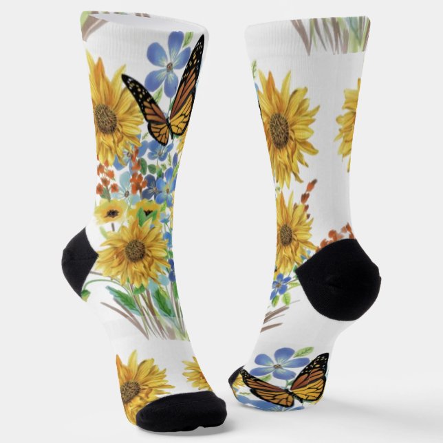 Pretty Yellow Blue Flowers with Butterfly  Socks (Angled)