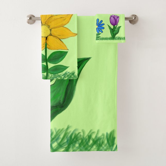 Pretty Yellow Blue Purple Floral Bath Towel Set (Insitu)