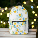 Pretty yellow blue wild flower name floral pattern printed backpack<br><div class="desc">Pretty yellow blue wild flower name floral pattern backpack with pretty yellow flowers and blue leaves with greenery and a modern brush script typography.</div>