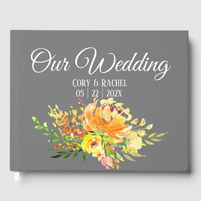Pretty Yellow Bouquet on Grey Wedding Guestbook (Front)