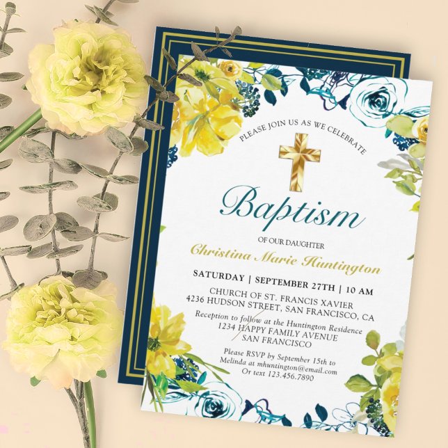 Pretty Yellow Dark Blue Floral Gold Cross Baptism Invitation (Creator Uploaded)
