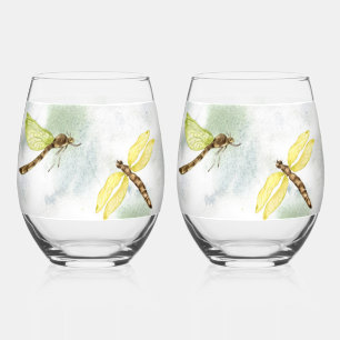 Pretty Yellow Dragonfly Print Stemless Wine Glass