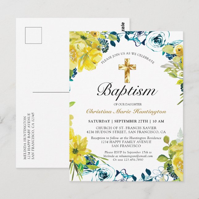 Pretty Yellow Floral Gold Cross Baptism Invitation Postcard (Front/Back)