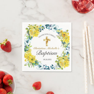 Pretty Yellow Floral Gold Cross Baptism Reception Napkin