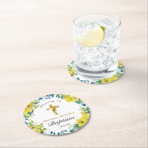 Pretty Yellow Floral Gold Cross Baptism Welcome Round Paper Coaster