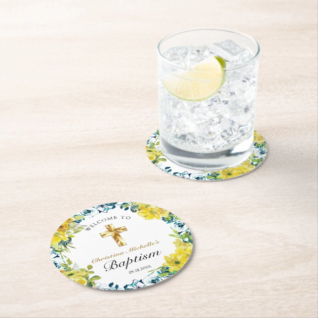 Pretty Yellow Floral Gold Cross Baptism Welcome Round Paper Coaster (Insitu)