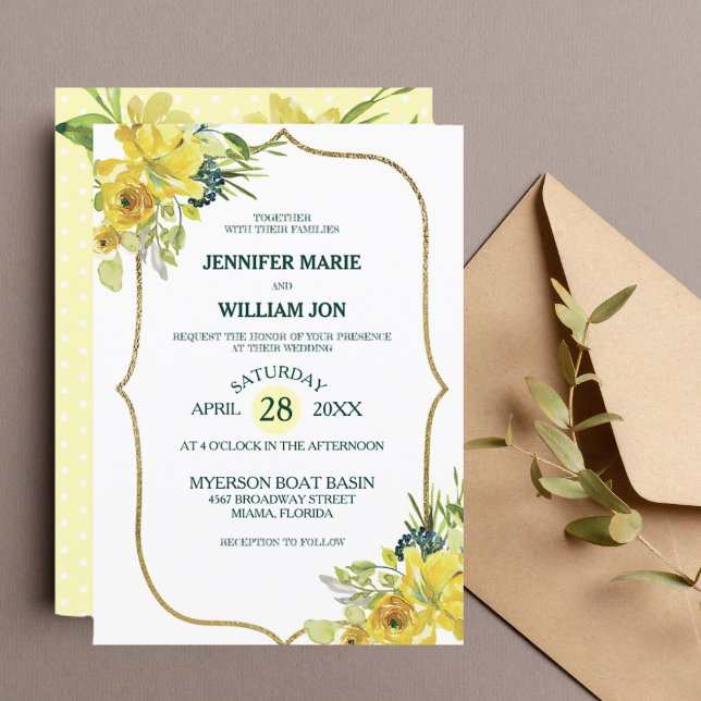Pretty Yellow Floral Golden Bouquet Wedding Invitation (Creator Uploaded)