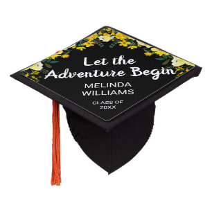 Pretty Yellow Floral "Let the Adventure Begin" Graduation Cap Topper