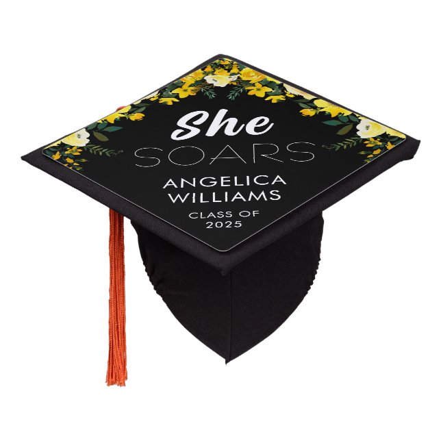 Pretty Yellow Floral "She SOARS" Class of 2025 Graduation Cap Topper (Angled)