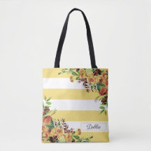 Pretty Yellow Flowers And Stripes Tote Bag