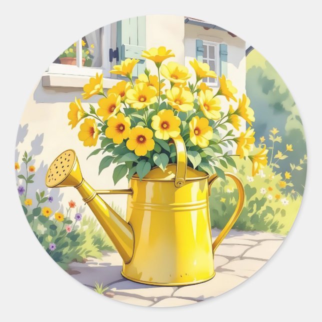 Pretty Yellow Flowers in Watering Can Classic Round Sticker (Front)