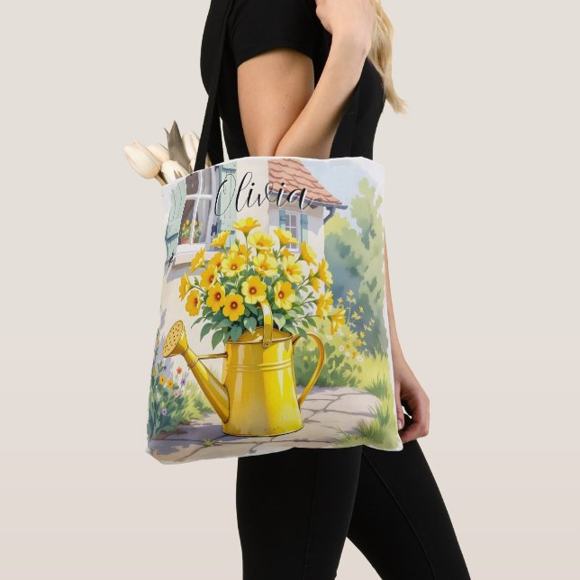 Pretty Yellow Flowers in Watering Can Personalized Tote Bag (Close Up)