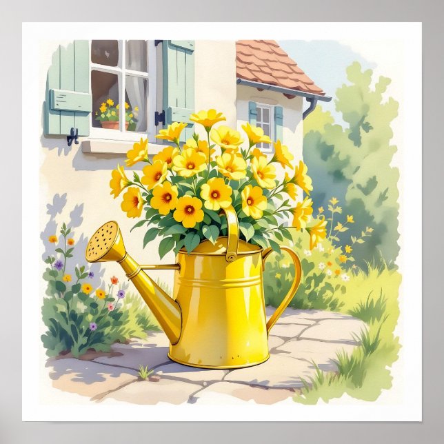 Pretty Yellow Flowers in Watering Can   Poster (Front)
