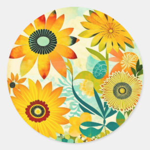 Pretty Yellow Flowers Whimsical Folk Art Classic Round Sticker