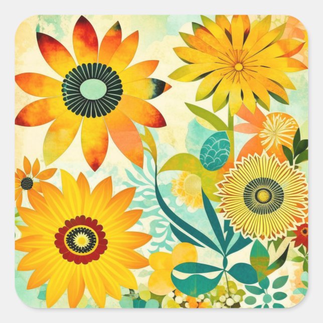 Pretty Yellow Flowers Whimsical Folk Art Square Sticker (Front)