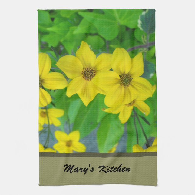 pretty yellow garden flowers, floral kitchen towel (Vertical)