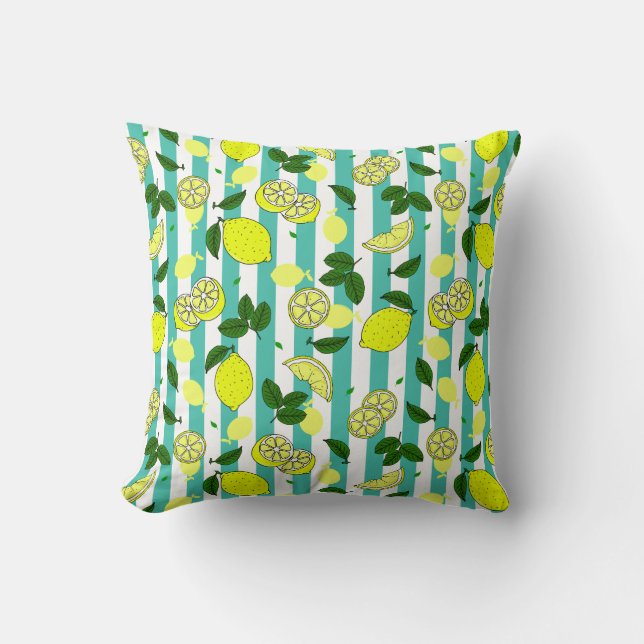 Pretty Yellow Lemons on Teal Blue Stripes Pattern Throw Pillow (Front)