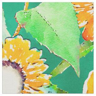 Pretty Yellow & Mint Sunflowers Watercolor Paint Fabric