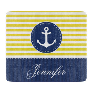 Pretty Yellow Navy Blue Anchor Custom Text Cutting Board