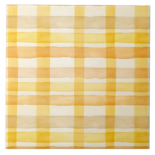 Pretty Yellow, Orange Watercolor Check Pattern Tile