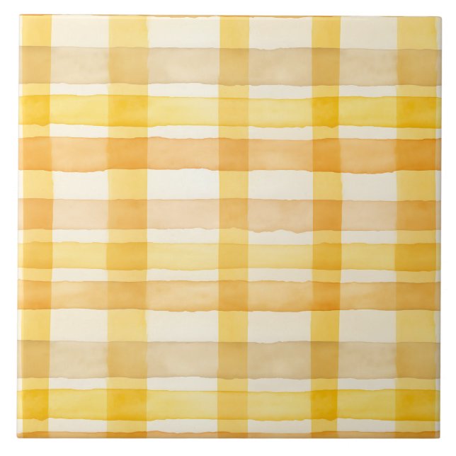 Pretty Yellow, Orange Watercolor Check Pattern Tile (Front)