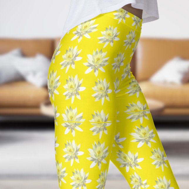 Pretty Yellow Pale Bloom Floral Pattern Leggings (Pale Bloom on Aureolin)