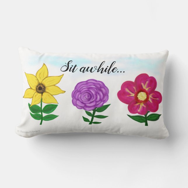 Pretty Yellow Purple Pink Garden Flowers Lumbar Pillow (Front)