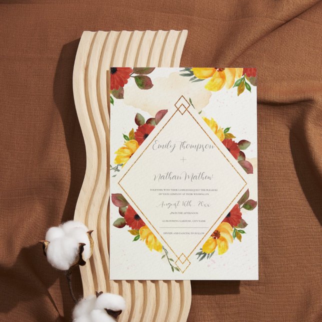 Pretty Yellow Red Rustic Watercolor Floral Wedding (Pretty Yellow Red Rustic Watercolor Floral Wedding Invitation)