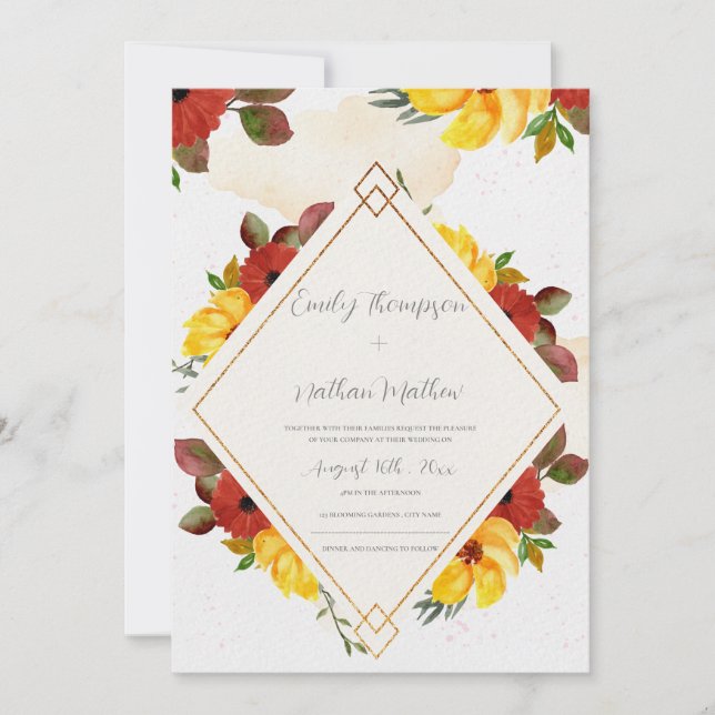 Pretty Yellow Red Rustic Watercolor Floral Wedding (Front)