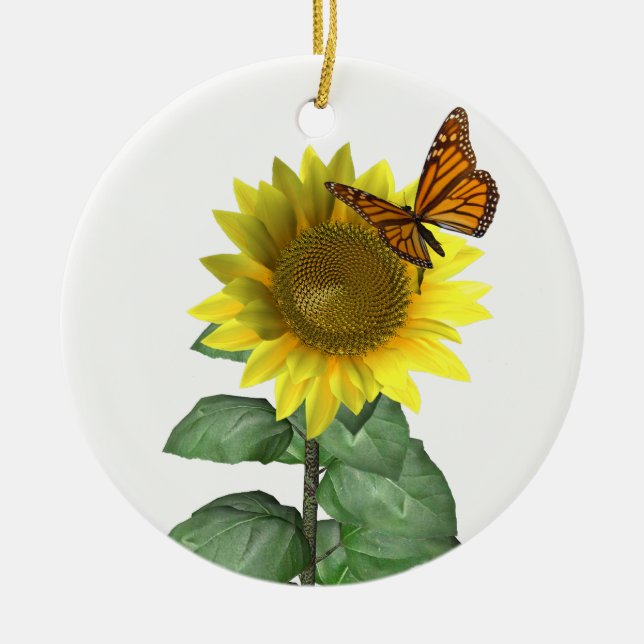 Pretty Yellow Sunflower and Orange Butterfly Ceramic Ornament (Front)
