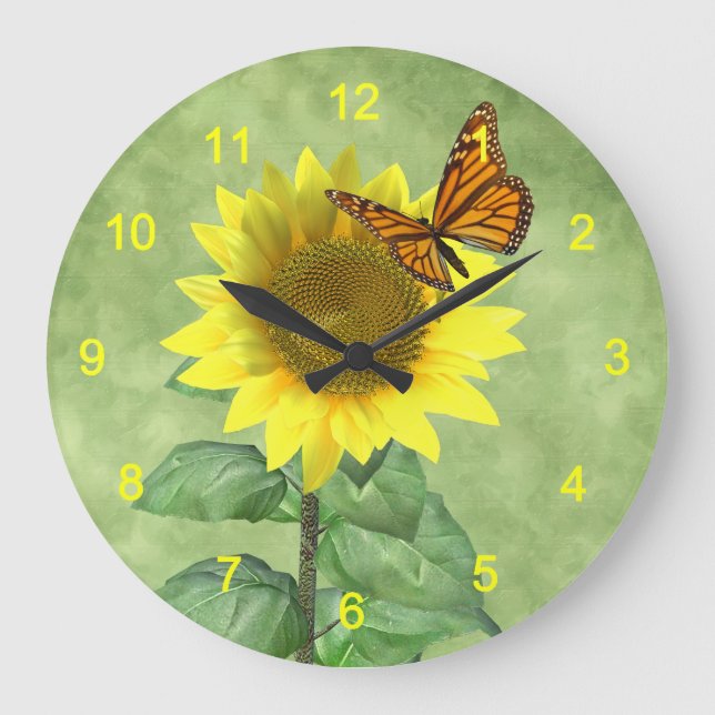 Pretty Yellow Sunflower and Orange Butterfly Large Clock (Front)