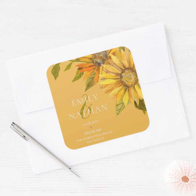 Pretty Yellow Sunflower Elegant Floral Wedding  Square Sticker (Envelope)