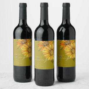 Pretty Yellow Sunflower Elegant Floral Wedding  Wine Label