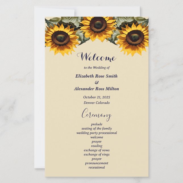 Pretty yellow sunflower elegant wedding program (Front)