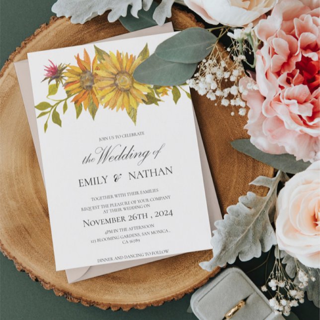 Pretty Yellow Sunflower Floral Wedding Invitation Postcard (Pretty Yellow Sunflower Floral Wedding Invitation Postcard)