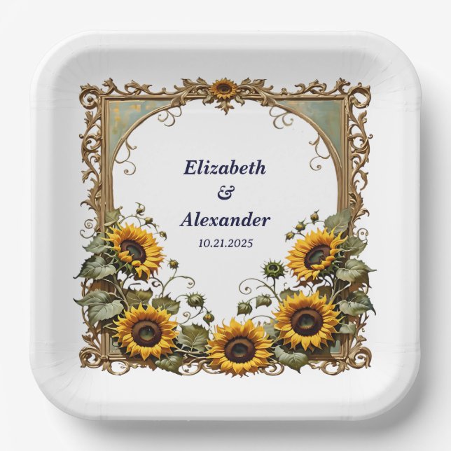 Pretty Yellow sunflower with art frame wedding  Paper Plate (Front)