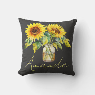 Pretty Yellow Sunflowers Black Minimalist Name Throw Pillow