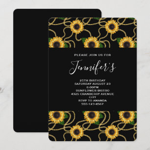 Pretty Yellow Sunflowers Pattern on Black Birthday Invitation