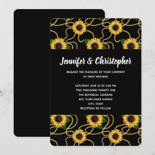 Pretty Yellow Sunflowers Pattern on Black Wedding Invitation