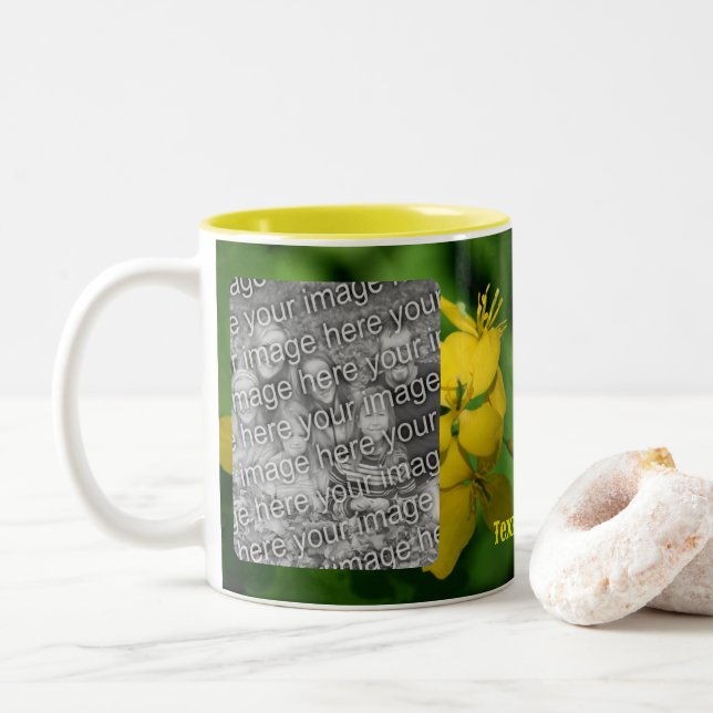 Pretty Yellow Wildflowers Frame Add Your Photo Two-Tone Coffee Mug (With Donut)