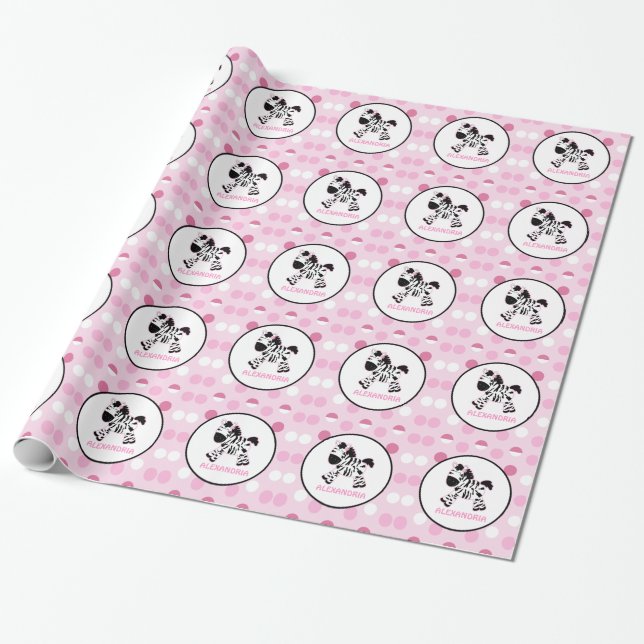 Pretty Zebra Pink Dot Customizable Wrapping Paper (Unrolled)