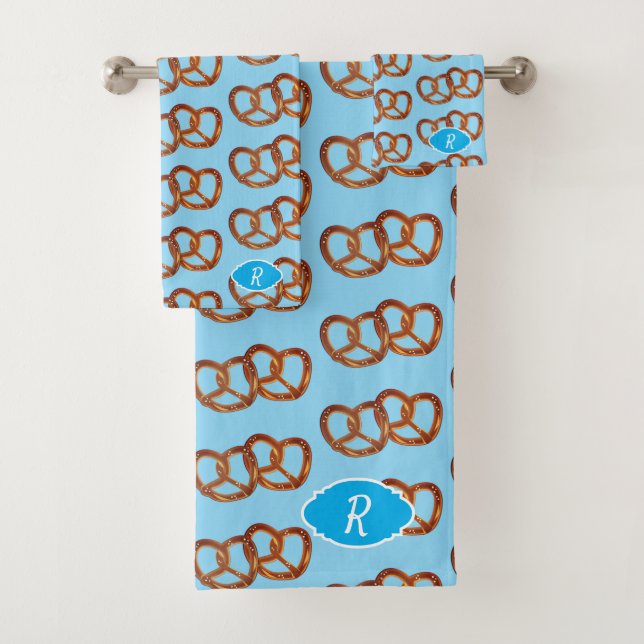 Pretzel Theme Bread Knots: Your initial / monogram Bath Towel Set (Insitu)