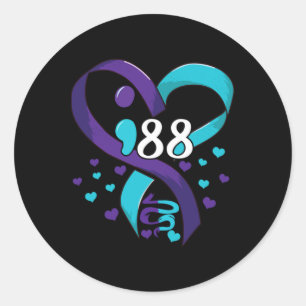 Prevention Awareness 988 Heart Teal And Purple  Classic Round Sticker