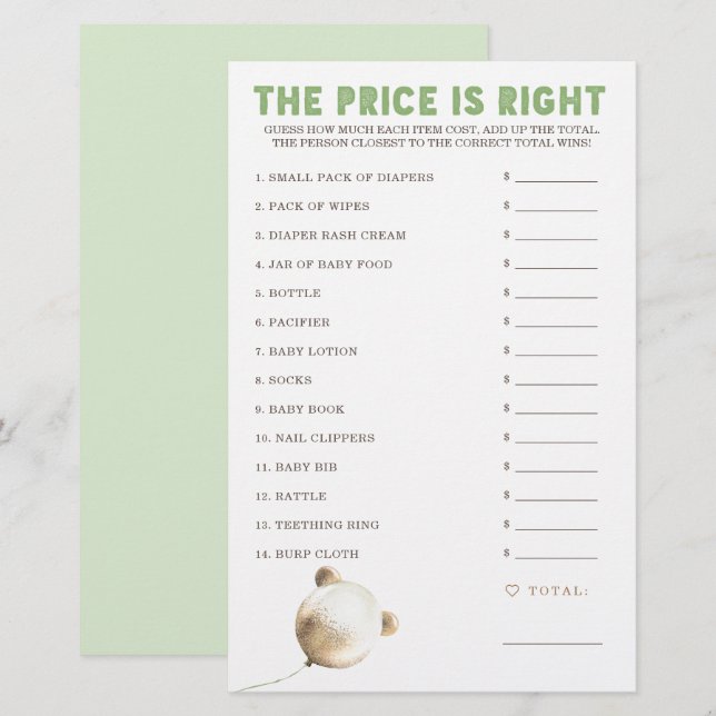 Price is Right Baby Shower Game (Front/Back)