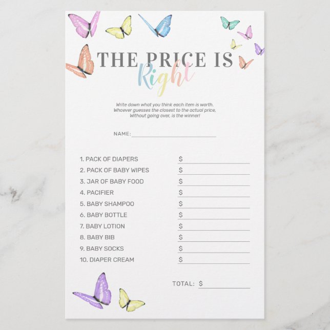 Price is Right Butterfly Baby Shower Game (Front)