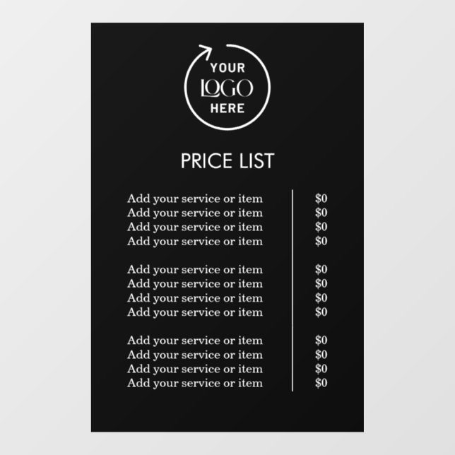 Price List | Black Logo Business Professional Window Cling (Sheet)