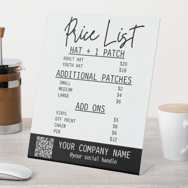 Price list for trucker hat bar pedestal sign (In SItu)