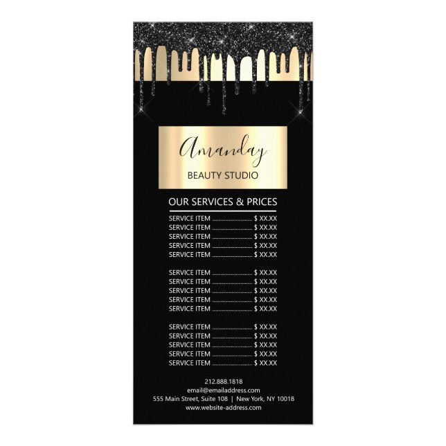 Price List Hair Makeup Lashes Nail Drips Black Rack Card (Front)