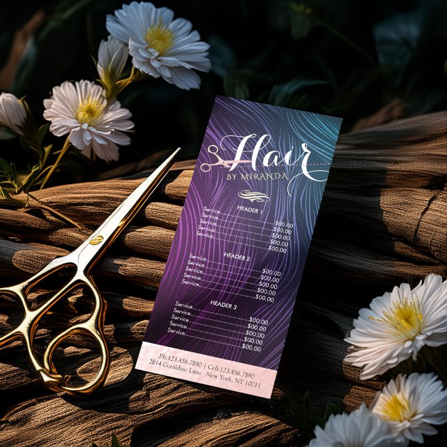 Price List Hairstylist Makeup Rose Gold Scissors Rack Card (Creator Uploaded)