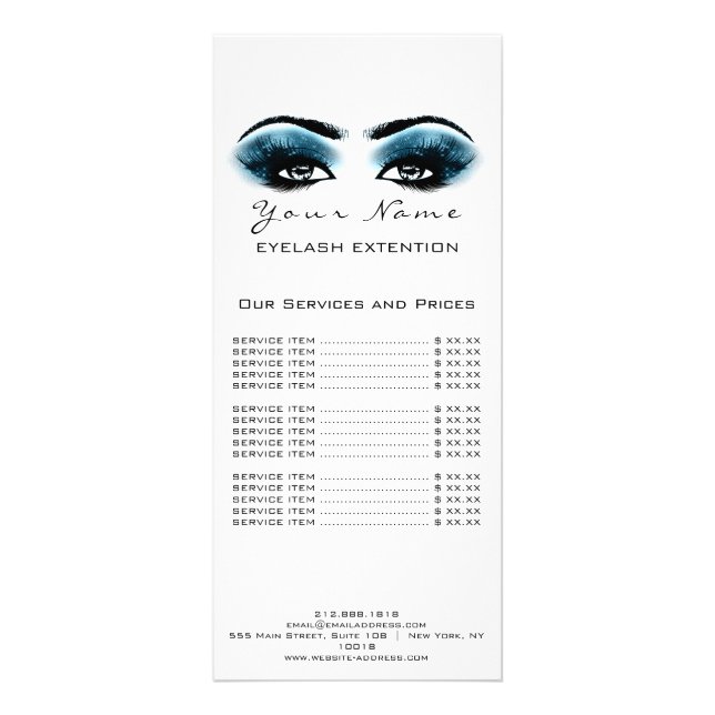 Price List Lashes Extension Makeup Artist Blue Rack Card (Back)